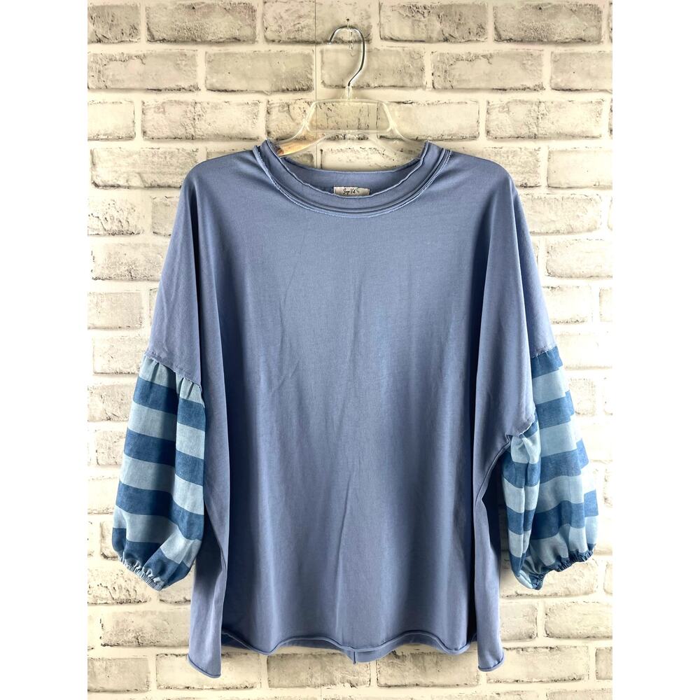 Sage Vell Striped Sleeve Top XL Blue Oversized Crewneck Raw Hem Balloon Sleeve